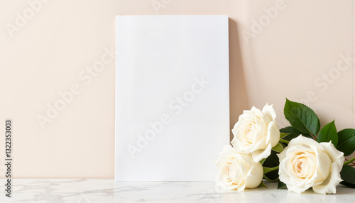  Vertical Poster Display with white roses on marble surface