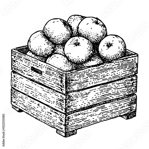 Artful engraving of a wooden crate overflowing with fresh apples highlights agricultural beauty and craftsmanship