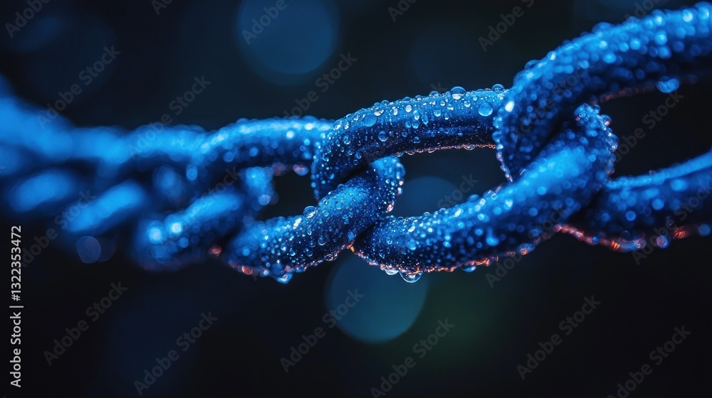 Close-up of a wet, dark blue metal chain. Close-up of a wet, dark blue metal chain.