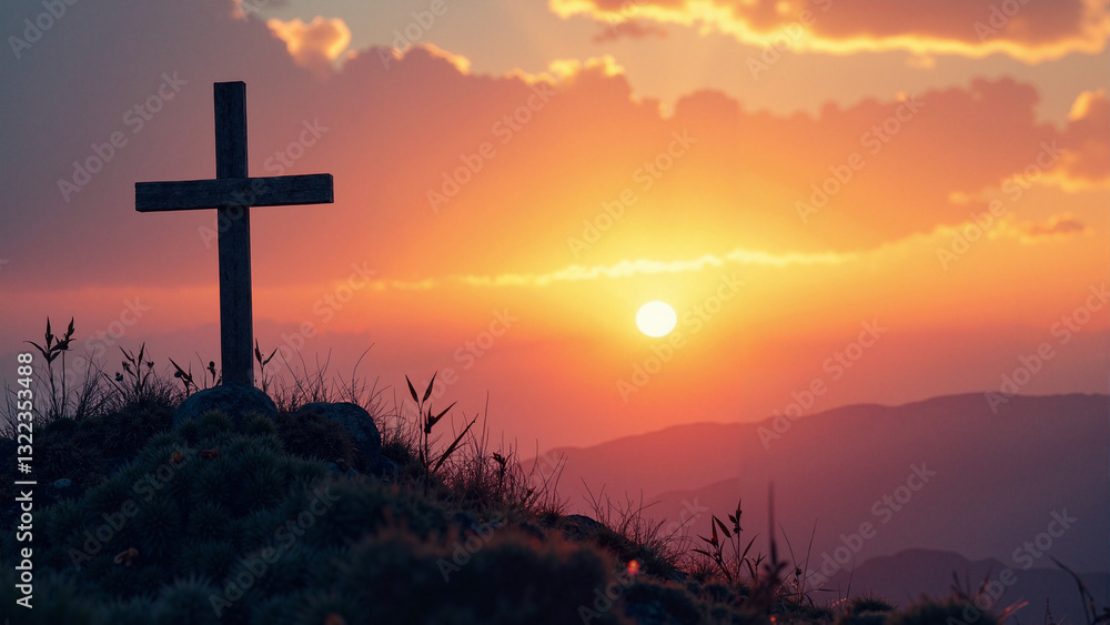 Dramatic Silhouette of a Cross Against a Vibrant Sunset - Perfect for Easter Marketing, Church Bulletins, and Inspirational Posters Dramatic Silhouette of a Cross Against a Vibrant Sunset - Perfect for Easter Marketing, Church Bulletins, and Inspirational Posters