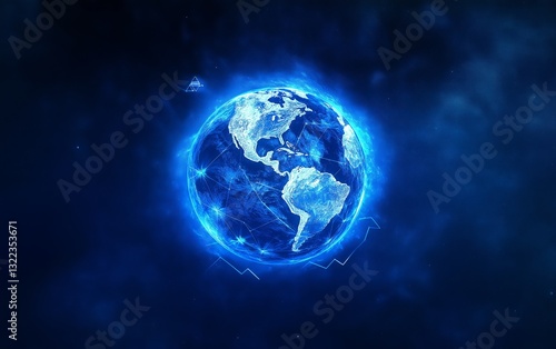Digital representation of Earth with glowing network connections in space.