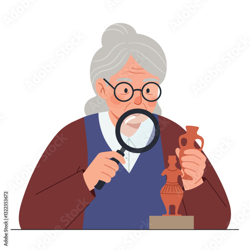 Elderly woman examining ancient artifacts with a magnifying glass in flat vector art