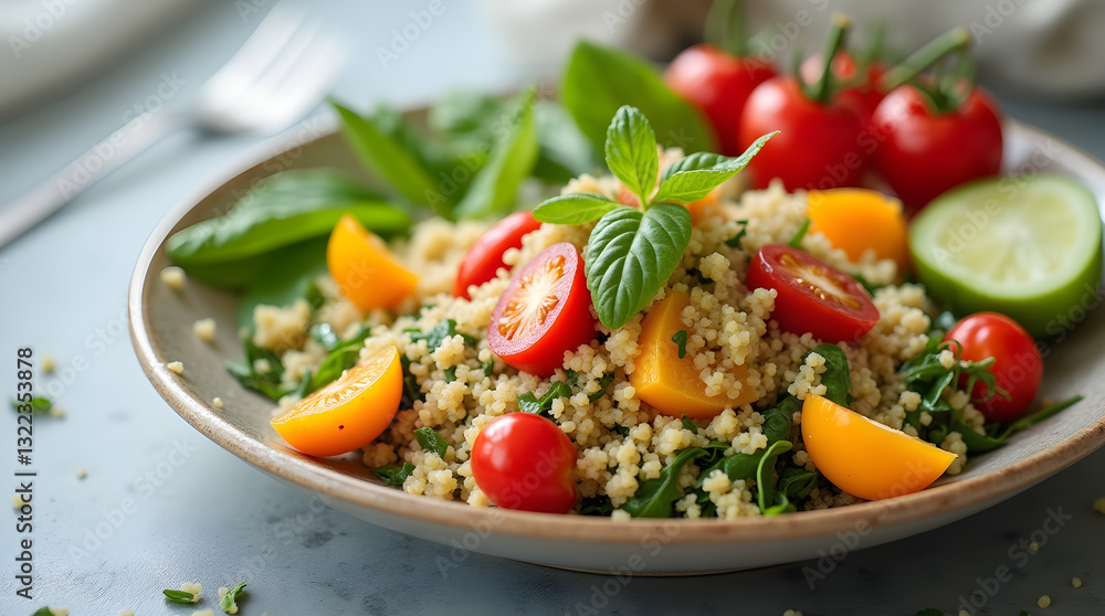 Vibrant Close-Up Quinoa Salad Cherry Tomatoes Spinach Basil Mint Dish Vibrant Close-Up Quinoa Salad Cherry Tomatoes Spinach Basil Mint Dish