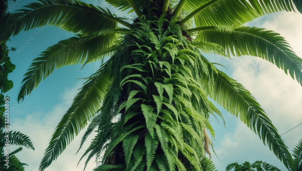 Fototapeta premium Low-angle view of a fern attached to the trunk of a palm.
