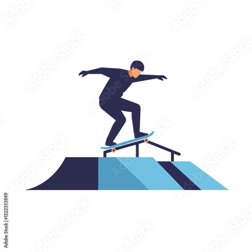 Skateboarder performing tricks on a ramp in minimal flat vector art