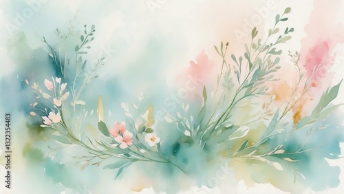 Soft watercolor floral arrangement with delicate blooms and greenery for serene backgrounds