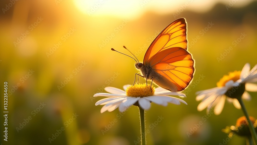 Obraz premium Vibrant orange butterfly perched on a daisy under a warm summer sunset in a field