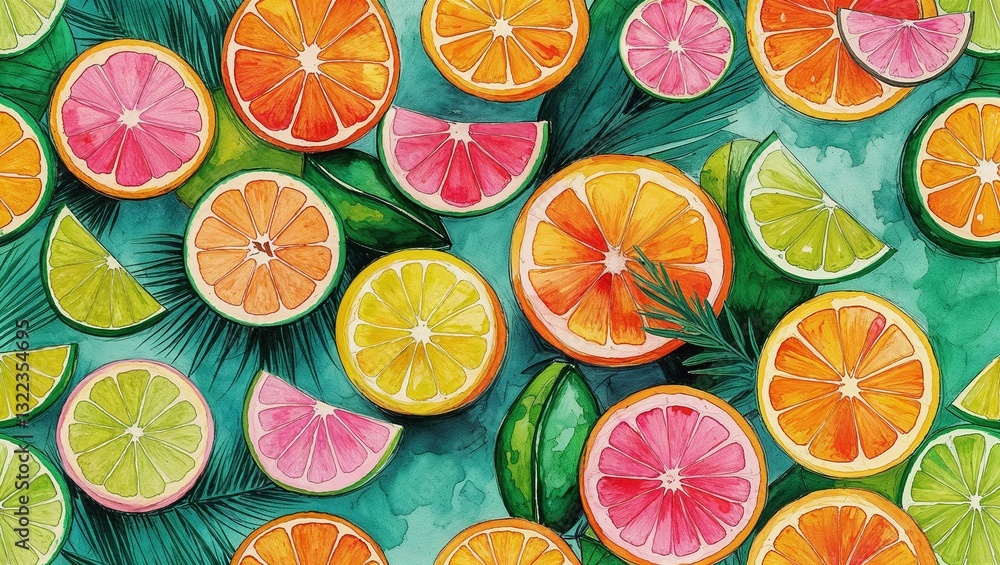 Vibrant watercolor composition of citrus fruits with leaves for refreshing summer designs Vibrant watercolor composition of citrus fruits with leaves for refreshing summer designs