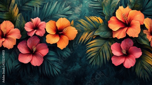 Wallpaper Mural Tropical Hibiscus Flowers Banner, Dark Green Leaves, Floral Design Torontodigital.ca