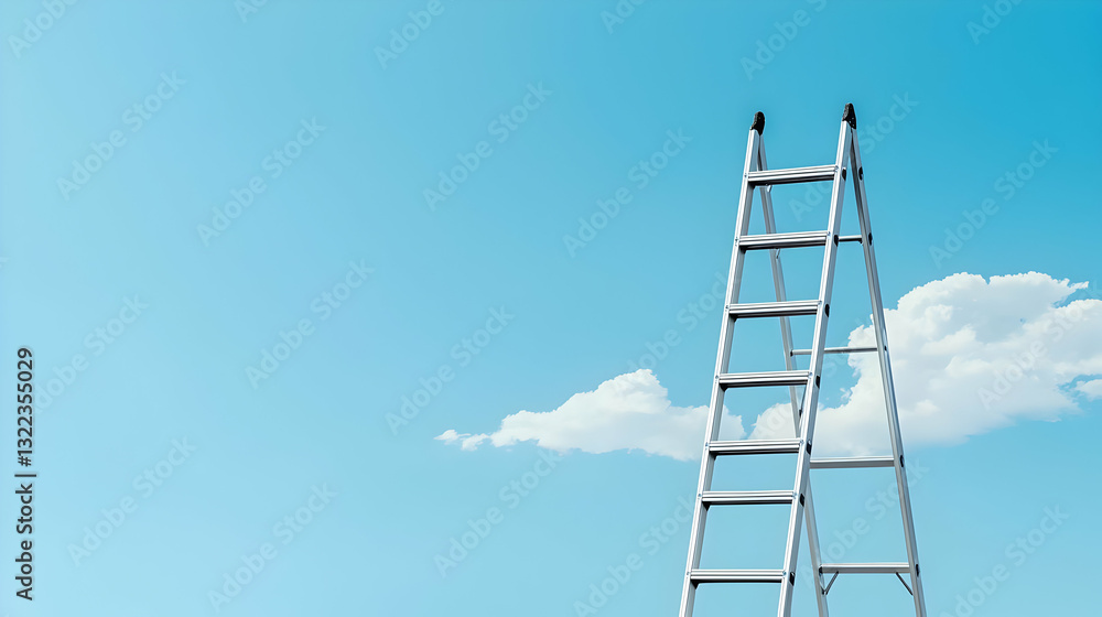 A Tall Aluminum Ladder Reaching Towards The Blue Sky And White Clouds Symbolizing Success Growth And Achievement In Business Career Development And A Tall Aluminum Ladder Reaching Towards The Blue Sky And White Clouds Symbolizing Success Growth And Achievement In Business Career Development And