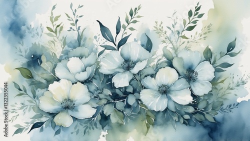 Elegant watercolor floral composition with white and blue flowers and green leaves for decor