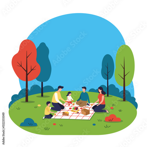 Family enjoying picnic in nature with colorful trees in flat vector illustration