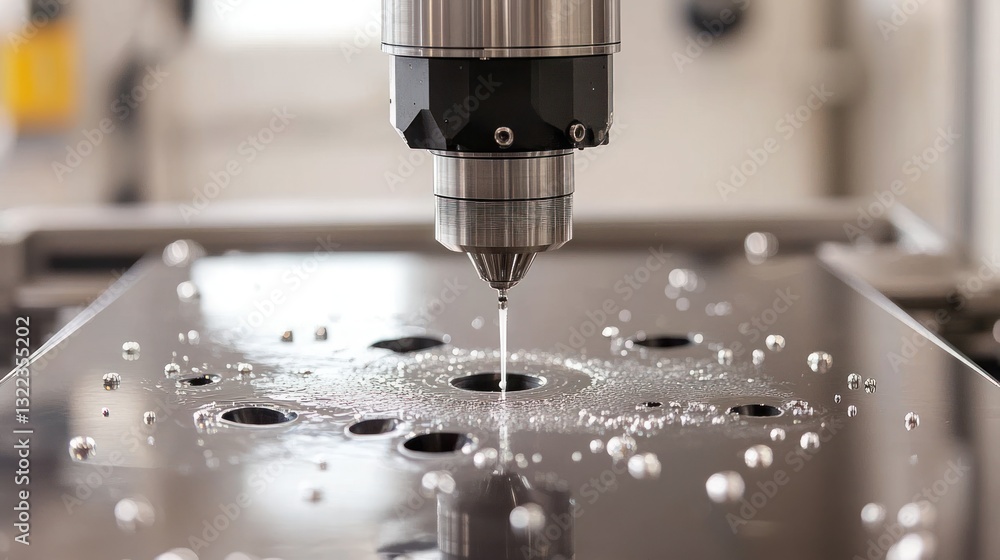 Precision drilling with coolant, creating holes on a reflective surface Precision drilling with coolant, creating holes on a reflective surface