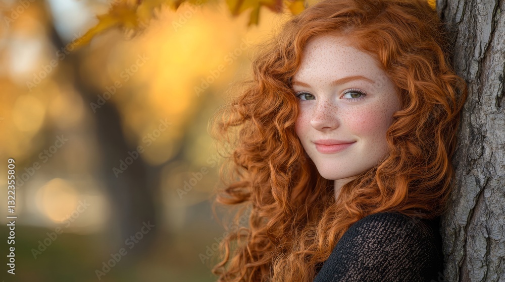 A young woman with red curls leans against a tree, embraced by warm autumn light and golden leaves. A young woman with red curls leans against a tree, embraced by warm autumn light and golden leaves.