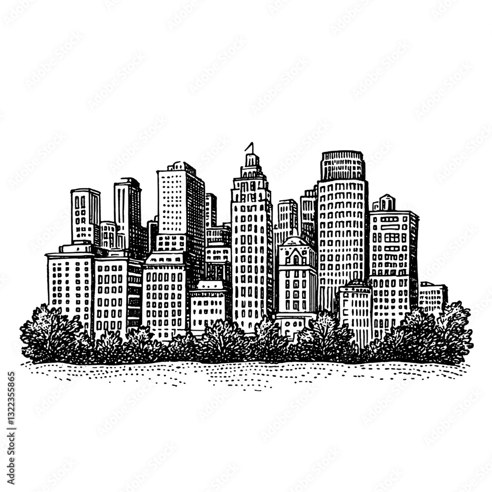 Obraz premium Intricate skyline illustration with plants showcasing urban life and architecture in a contemporary setting