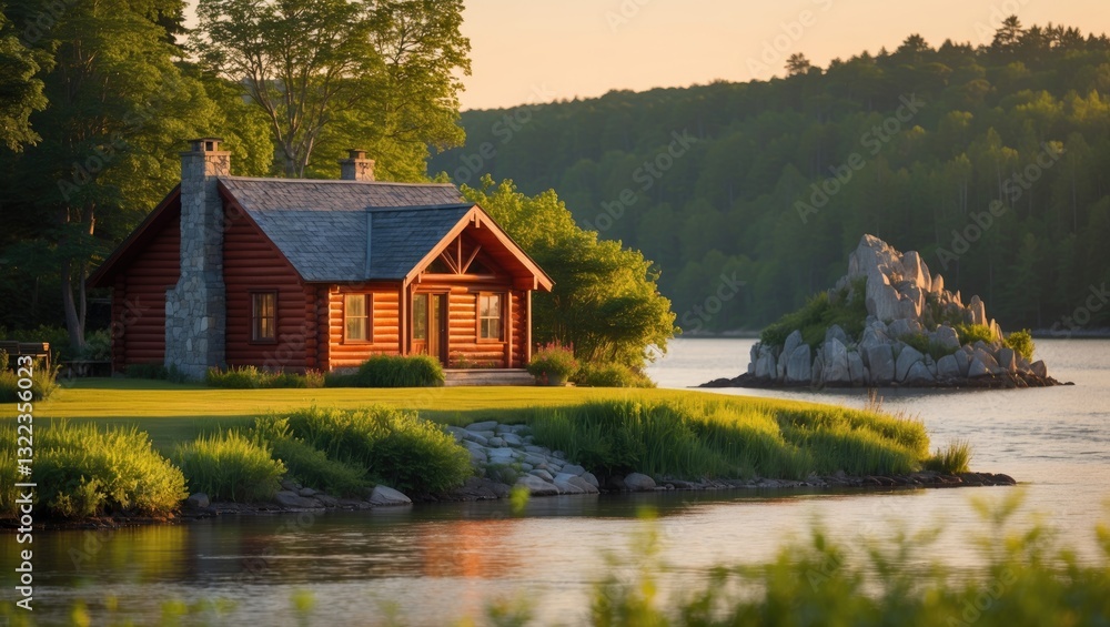 On a bright summer evening, a beautiful red wood log cabin home is observed on the coast, featuring a scene with a river or lake. There is a small rocky island nearby. On a bright summer evening, a beautiful red wood log cabin home is observed on the coast, featuring a scene with a river or lake. There is a small rocky island nearby.