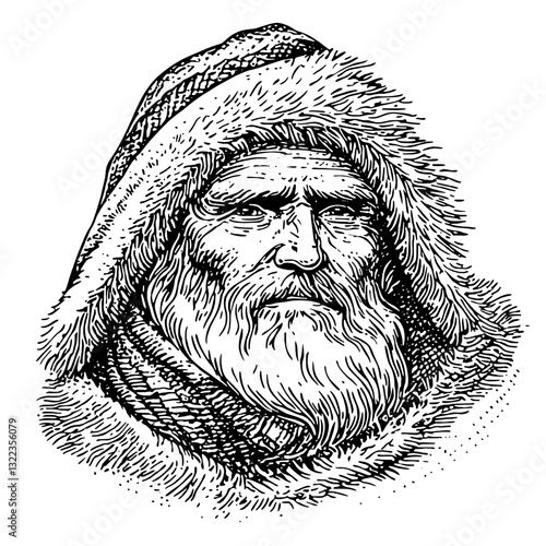 Engraved illustration of a wise old man in a fur-lined hood representing tradition and craftsmanship in tattoo art