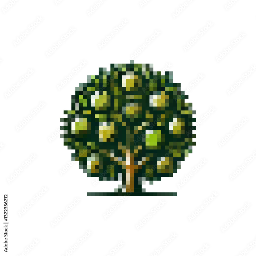 Pixel icon green tree. Tree logo with fruits vector. Pixel apple tree icon. Spring trees. Fruit tree vector icon pixel style. Stylish retro tree icon. Pixel icon green tree. Tree logo with fruits vector. Pixel apple tree icon. Spring trees. Fruit tree vector icon pixel style. Stylish retro tree icon.