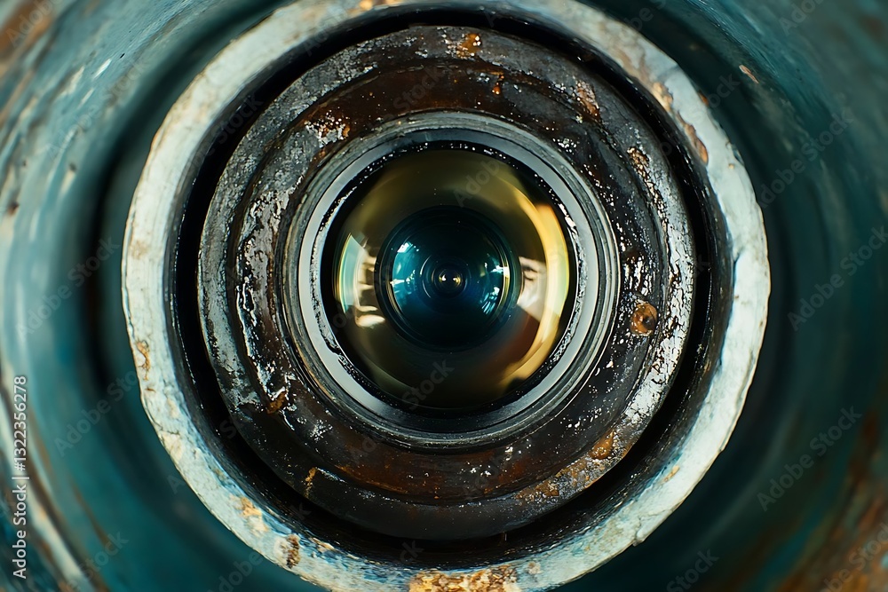 Close-up of a fisheye camera lens positioned inside an industrial water pipe, showcasing intricate details and textures from a top view perspective. Close-up of a fisheye camera lens positioned inside an industrial water pipe, showcasing intricate details and textures from a top view perspective.