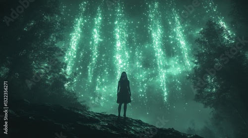 Wallpaper Mural Girl watches ethereal forest light show Torontodigital.ca