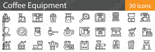 Coffee Equipment includes outline vector icons illustrating brewing tools, espresso machines, coffee preparation, and café essentials. Editable stroke vector illustration.