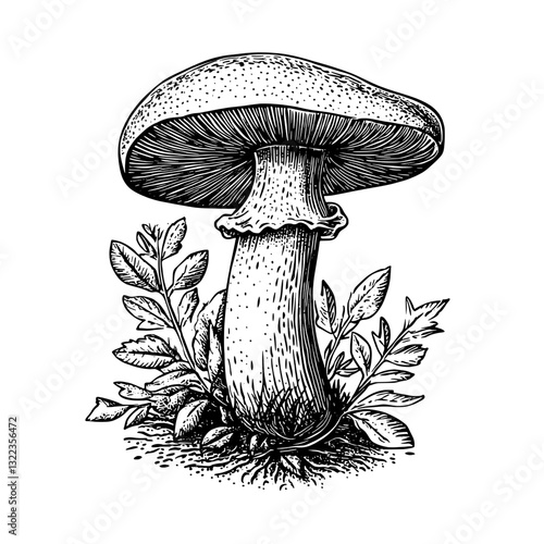 Intricate mushroom illustration surrounded by delicate foliage, perfect for tattoo design and packaging concepts