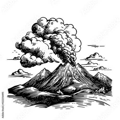 Majestic volcanic eruption with swirling clouds over rugged mountains captured in intricate engraved style