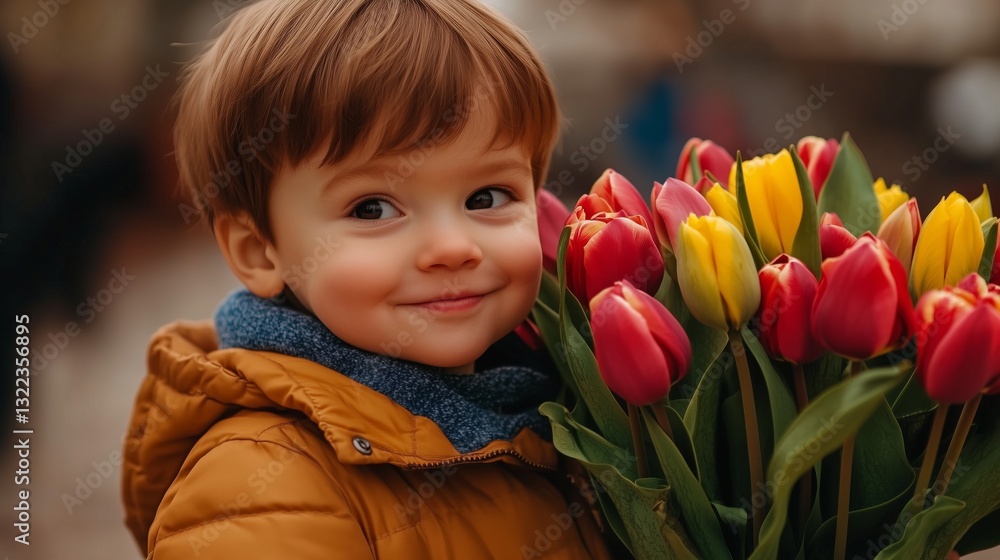 Joyful Tulip Gift: A charming little boy, his face alight with a smile, holds a vibrant bouquet of colorful tulips. It's a moment of pure happiness and affection.