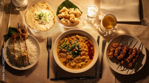 Malawian breakfast with nsima, beans, and eggs, golden sunlight creating warm shadows on a light brown tablecloth  photo