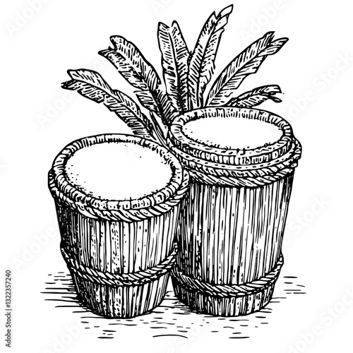 Engraved vector illustration of traditional drums surrounded by tropical leaves in an artistic design