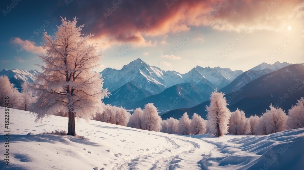 Fototapeta premium Mysterious winter landscape with majestic mountains and snow-covered trees. Photo greeting card featuring bokeh light effect and a soft filter.