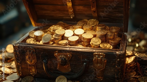 A overflowing treasure chest brimming with stacks of crisp, new banknotes, interspersed with golden coins that glimmered like scattered jewels, a testament to prosperity and abundance.