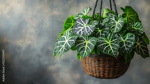 Hanging Alocasia plant, textured background, home decor