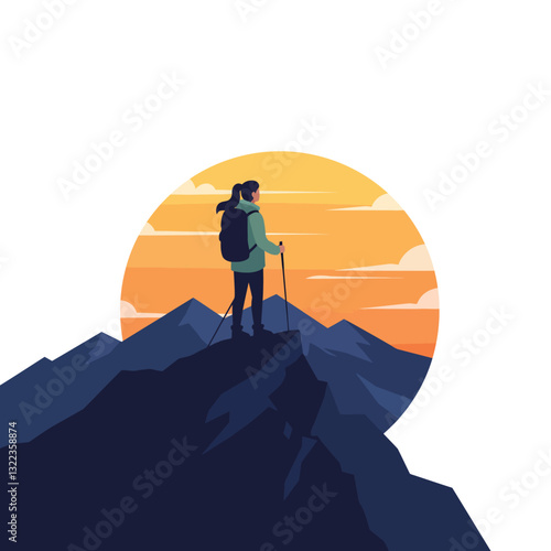 Hiker standing on mountain peak during sunset in flat vector art