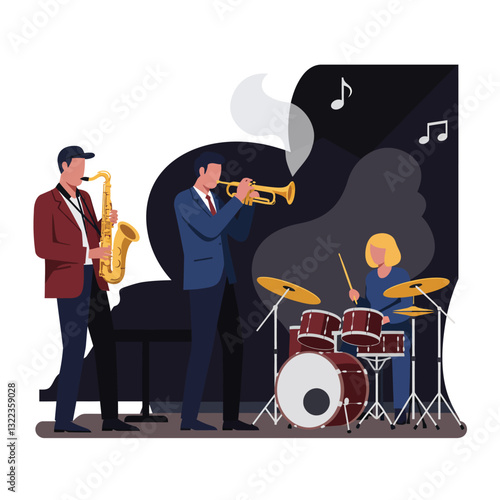 Jazz band performing lively music with instruments in flat vector art