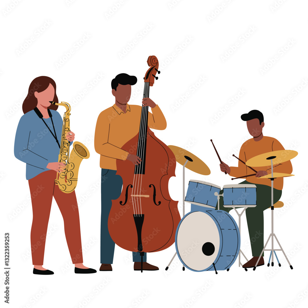 Fototapeta premium Jazz musicians performing lively music in flat style vector illustration