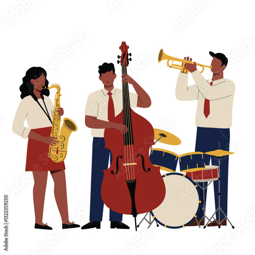 Jazz band performing with saxophone, double bass, trumpet, and drums in flat vector art