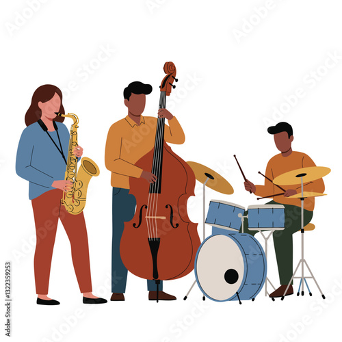 Jazz musicians performing lively music in flat style vector illustration
