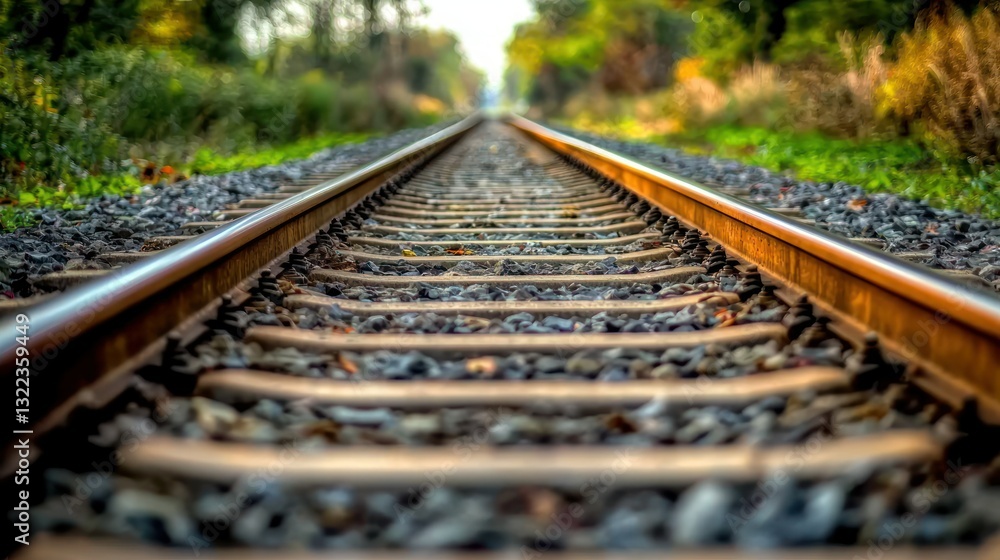 Fototapeta premium Railway tracks stretch ahead, surrounded by green vegetation