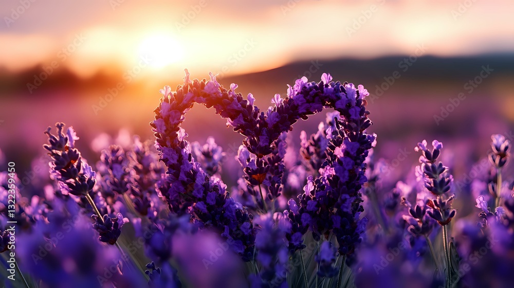 Heart shape made from purple lavender flowers in blooming field during sunset, romantic atmosphere with soft bokeh and golden light creates dreamy mood. Heart shape made from purple lavender flowers in blooming field during sunset, romantic atmosphere with soft bokeh and golden light creates dreamy mood.