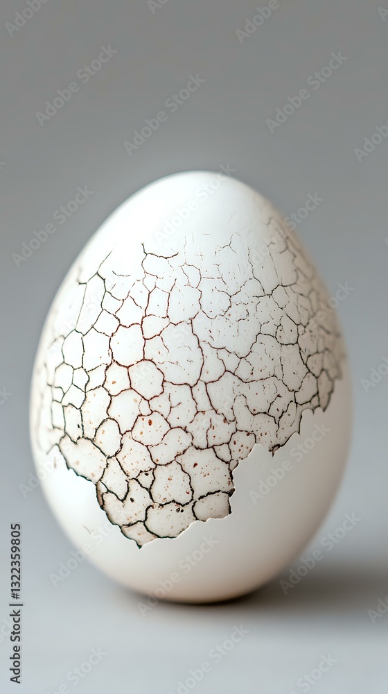 White egg with natural cracking pattern on shell surface against neutral gray background, showing intricate network of fine lines and textures in macro photography. White egg with natural cracking pattern on shell surface against neutral gray background, showing intricate network of fine lines and textures in macro photography.