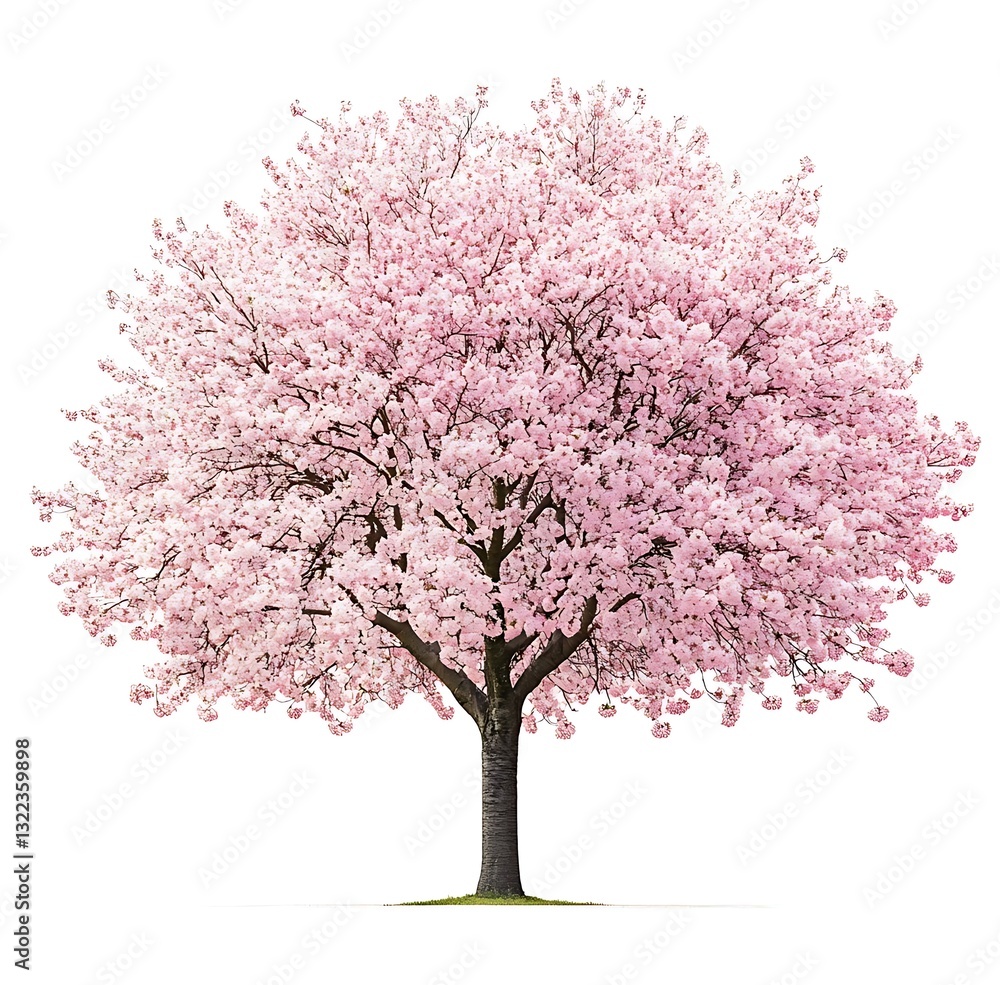 Full-height cherry blossom tree in bloom, isolated on a white background. High-resolution detail captures vibrant pink flowers and intricate branches. Full-height cherry blossom tree in bloom, isolated on a white background. High-resolution detail captures vibrant pink flowers and intricate branches.
