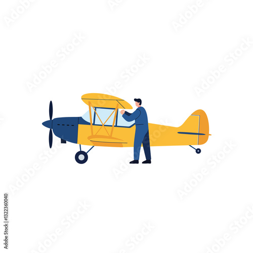 Airplane maintenance scene with a mechanic in flat vector art style