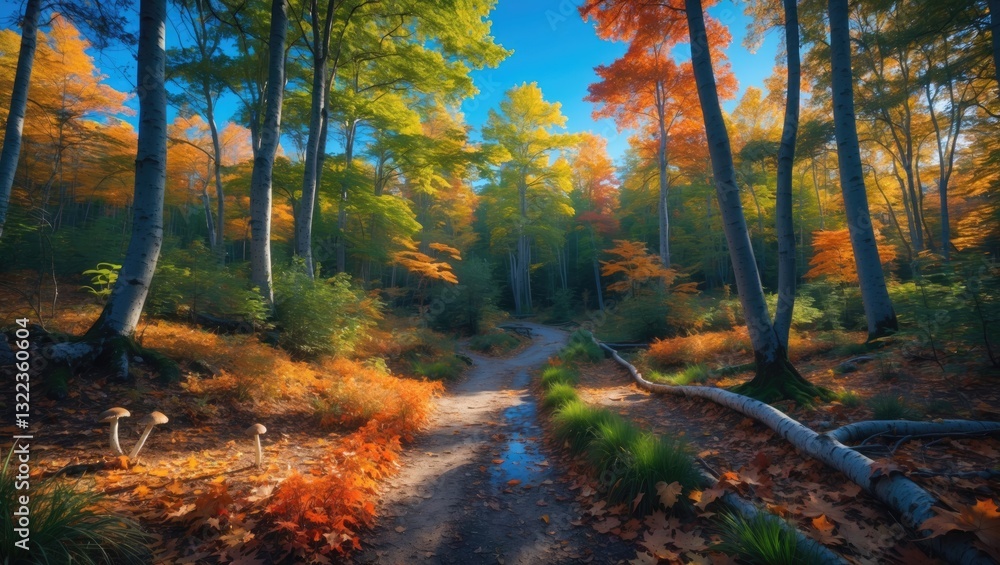 Obraz premium Northern Ontario forest at summer's end. Autumn hues begin to appear in the foliage. Trails through the forest offer access to mushrooms, plants, and various streams, all beneath a clear blue sky.