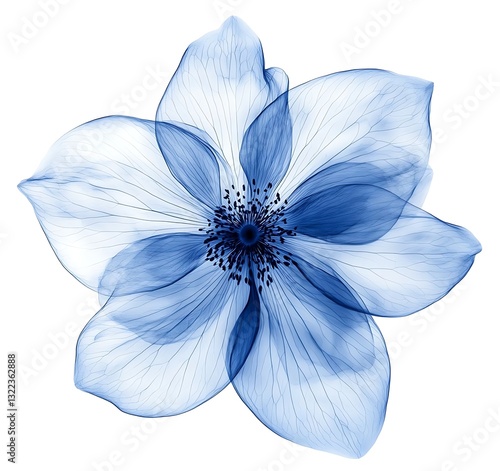A delicate blue flower displayed on a white background, captured from a top view in an X-ray style, showcasing its transparent petals and intricate details.