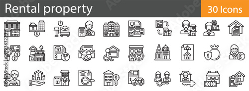 Rental Property Line Icons Set. Collection of 30 outline icons representing real estate, housing, leasing, and property management. Editable stroke vector illustration.