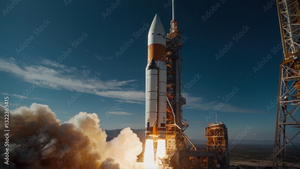 Fototapeta premium The rocket’s incredible rise heads into space with engines blazing