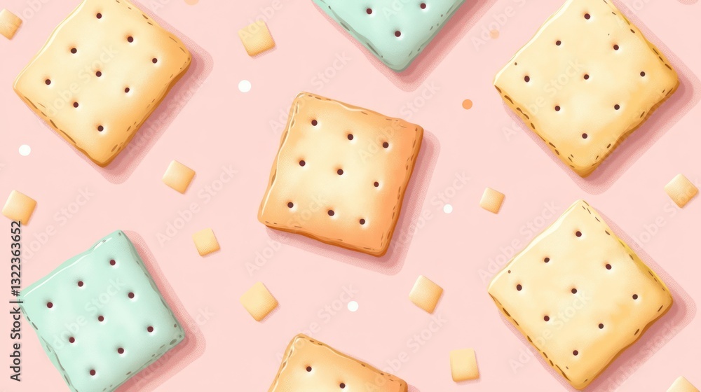 Pastel-colored square cookies pattern on pink background. Pastel-colored square cookies pattern on pink background.