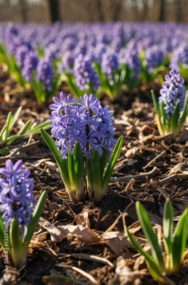 Obraz premium Purple hyacinths bloom in a lush garden during springtime, vibrant colors and fresh greenery