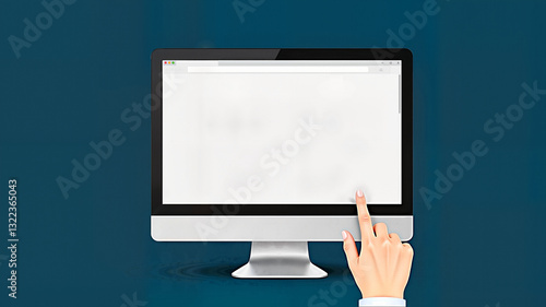 Person pointing at blank computer screen mockup for website design presentations, digital marketing materials, and tech blog illustrations